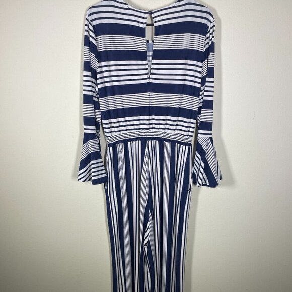 eci Women Navy White Stripe Long Bell Sleeve Pant Romper Jumpsuit Stretch Large! - Picture 7 of 7